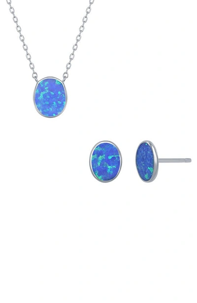 Simona Sterling Silver Blue Created Opal Oval Disc Pendant Necklace & Earrings Set