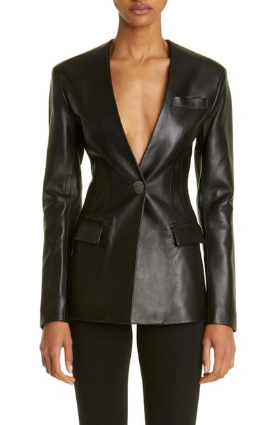 Attico Collarless Single-breasted Leather Blazer In Black