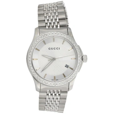 Pre-owned Gucci Ya126401 Genuine Diamond Watch Silver Dial Timeless 38mm Steel 1.75 Ct. In White
