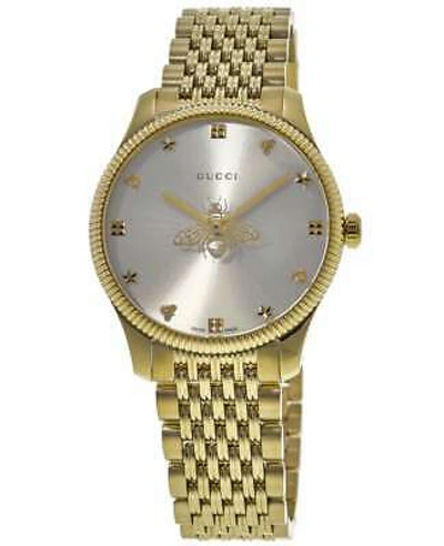 Pre-owned Gucci G-timeless Silver Dial Gold Tone Steel 36mm Women's Watch Ya1264155