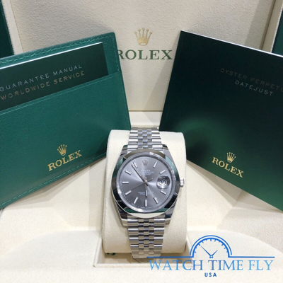 Pre-owned Rolex 126300 Datejust 41mm Smooth Bezel Rhodium Grey Dial Jubilee Bracelet