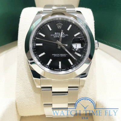 Pre-owned Rolex 126300 Datejust 41 Oyster Bracelet Black Index Stainless Steel Smooth Bezel