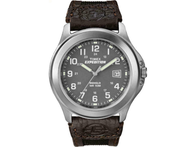 Pre-owned Timex Men's T40091 Expedition Metal Field 39mm Black/brown Leather Strap Indiglo In Black White