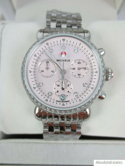 Pre-owned Michele Lilac Light Pink Csx 36 Silver Diamond Watch Mww03c000521 + Box