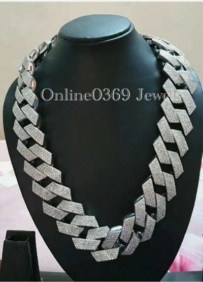 Pre-owned Online0369 Mens D Vvs Moissanite Miami Cuban Chain Necklace 30mm 20" 925 Silver Gold Plated