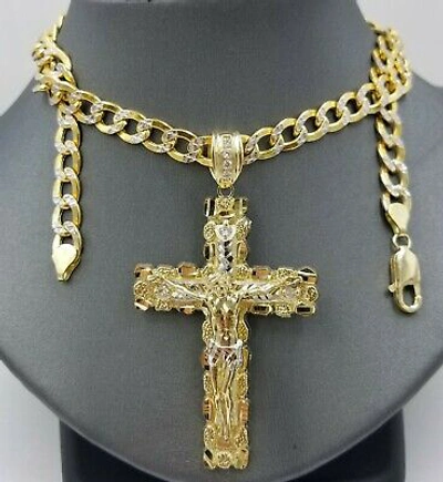 Pre-owned Globalwatches10 Real 10k Gold Cross 10k Cuban Link 26" Necklace 3" Pendant Charm Chain Set In Yellow Gold