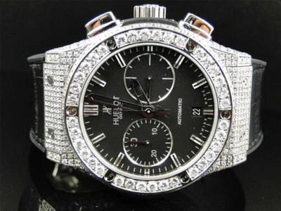 Pre-owned Hublot Mens Custom  Big Bang 44mm Leather Band Genuine Diamond Watch 10.5 Ct In Silver