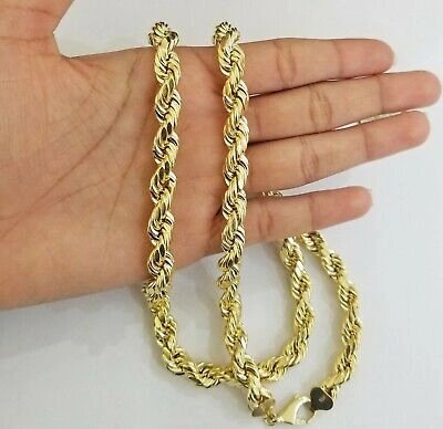 Pre-owned Globalwatches10 Real 10k Yellow Gold Rope Chain 10mm 24" Men's Thick Necklace 10kt Diamond Cuts