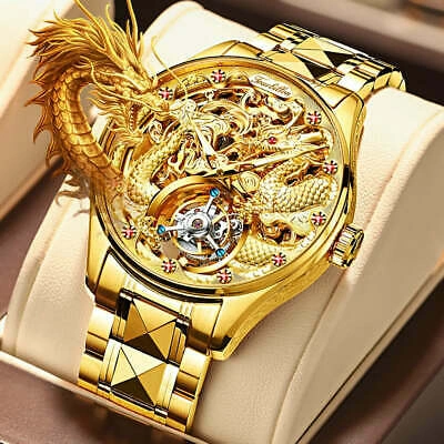 Pre-owned Oupinke Gold Sapphire Glass Tourbillon Mechanical Skeleton Watch Rotary Wristwatch 3176g