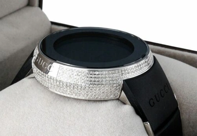 Pre-owned Gucci Diamond  I- Watch Mens Digital Ya114202 Black Rubber Band 2.50 Ct. In White