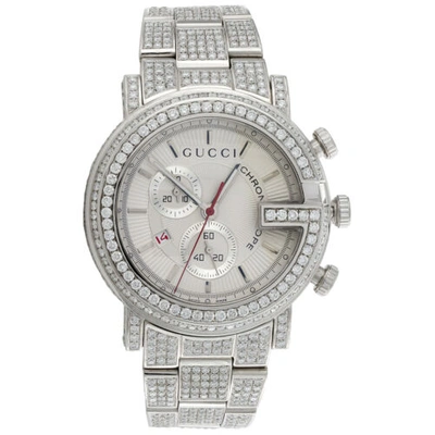 Pre-owned Gucci Mens Custom Diamond  101 Watch Ya101339 White Dial 44mm Chronograph 15 Ct