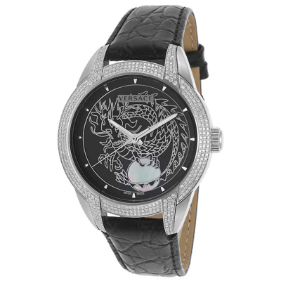 Pre-owned Versace Limited Edition Men's Diamond Automatic Black Genuine Leather And Dial