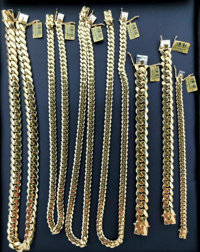 Pre-owned Tgdj Real 10k Yellow Gold Miami Cuban Link Chain Mens Necklace 14mm-9mm Box Clasp