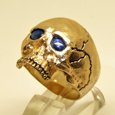 Pre-owned Uniqable 14k Yellow Gold Skull Ring 30 Gr Memento Mori Biker Sapphire Size By