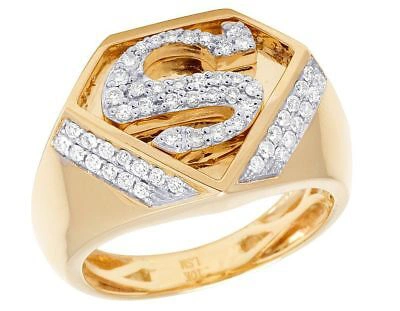 Pre-owned Jewelry Unlimited Mens 10k Yellow Gold Genuine Diamond Superman Logo Shield Pinky Ring 7/8 Ct 16mm