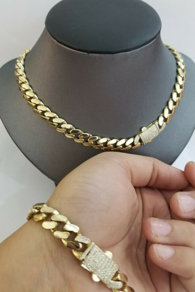 Pre-owned Globalwatches10 10k Yellow Gold Royal Miami Cuban Chain Bracelet 9" 10mm Monaco Necklace 24" In Chain And Bracelet Set