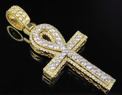 Pre-owned Jewelry Unlimited Men's Real Diamond Ankh Cross Pendant Charm In 10k Yellow White Gold 2 1/4 Ct 2"
