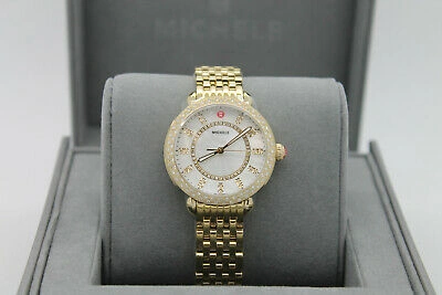 Pre-owned Michele Sidney Classic Ladies Gold-tone Steel Diamond Watch Mww30b000004