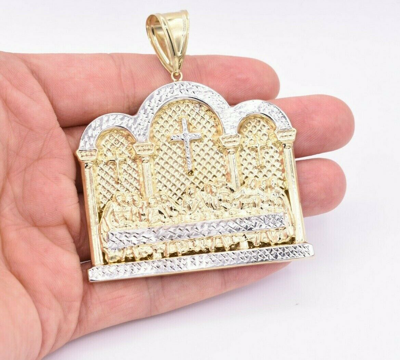 Pre-owned Bayam 3" Men's Huge Diamond Cut Last Supper Charm Pendant Real 10k Yellow White Gold