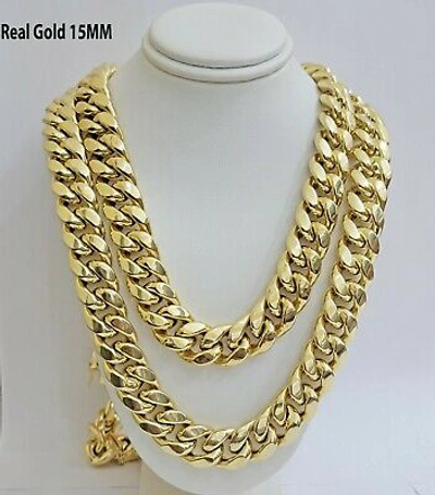 Pre-owned My Elite Jeweler 10k Gold Chain 15mm Miami Cuban Link Mens Necklace 20"-30" Real 10kt Yellow Gold