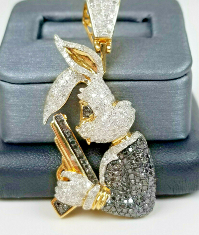 Pre-owned Tgdj Black Diamond Bunny Pendant Mens 10k Yellow Gold Round Pave Gun Charm 1.97 Tcw. In White / Black