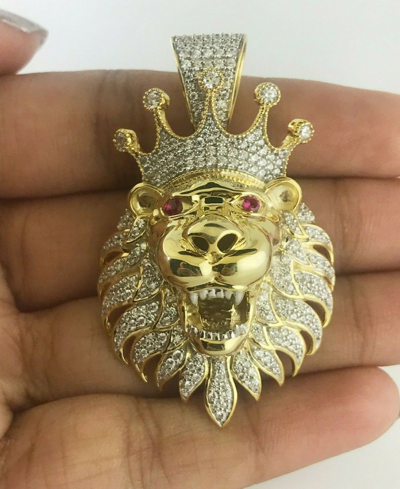 Pre-owned Halojeweler King Crown Lion Charm Pendant 10k Yellow Gold 1.65 Ct Genuine Diamond For Mens In H-i