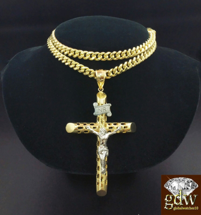 Pre-owned G&d Real 10k Men Gold Miami Cuban Chain With Jesus Cross Charm Pendant