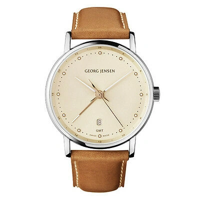 Pre-owned Georg Jensen Men's Dual Time Watch 519 - Champagne Colour Dial - Koppel In Antique White