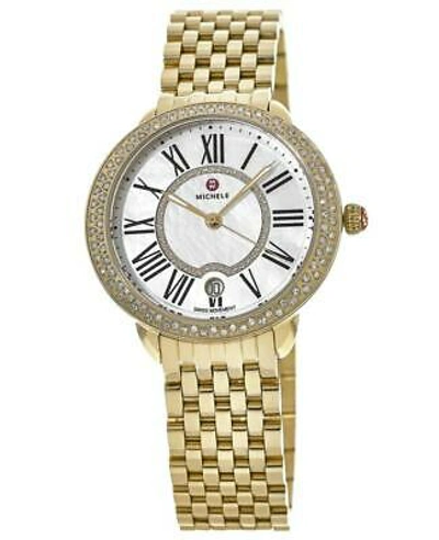 Pre-owned Michele Serein Diamond Yellow Gold Tone Mop Dial Women's Watch Mww21b000031