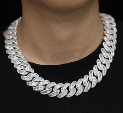 Pre-owned Online0369 12.18 Ct Baguette Round Cubic Zirconia 16mm X 20 Inch Cuban Link Necklace Silver In White