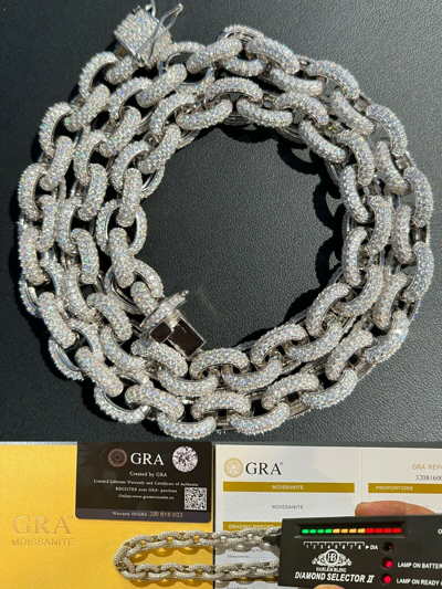 Pre-owned Harlembling 40-67ct Vvs Moissanite Iced Silver Rolo Link Chain 12mm Thick Pass Diamond Test In White/colorless