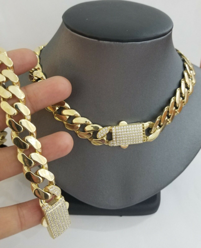 Pre-owned Globalwatches10 10k Real Gold Royal Miami Cuban Chain 14mm Royal Necklace Bracelet Set Men In Chain And Bracelet Set