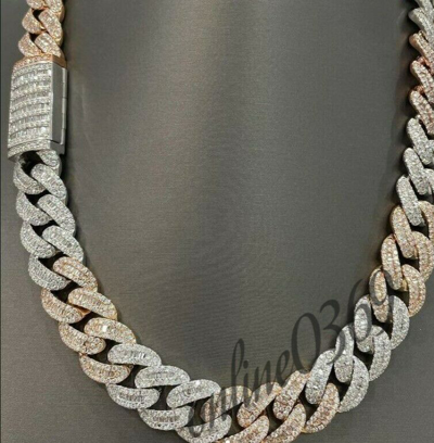 Pre-owned Online0369 Mens 14mm X 20 Inch Cuban Link Necklace 13ct Baguette Cubic Zirconia Silver In White