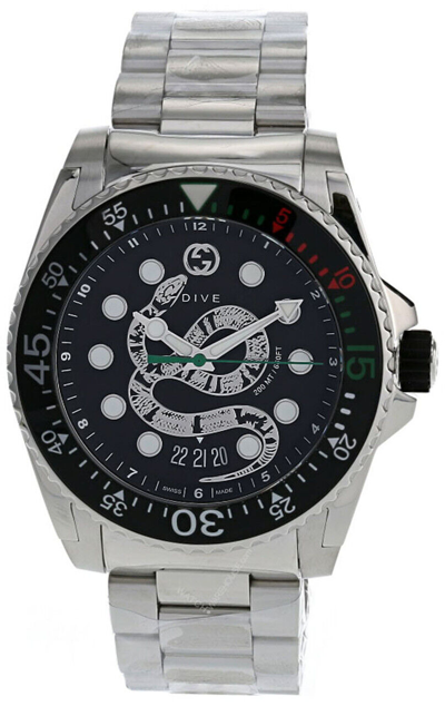 Pre-owned Gucci Dive 45mm Quartz Stainless Steel Black Dial Men's Watch Ya136218