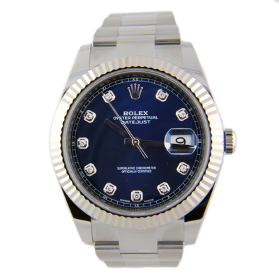 Pre-owned Rolex Datejust Ii 126334 Oyster Steel & 18k White Gold Bezel 41mm Blue Diamond