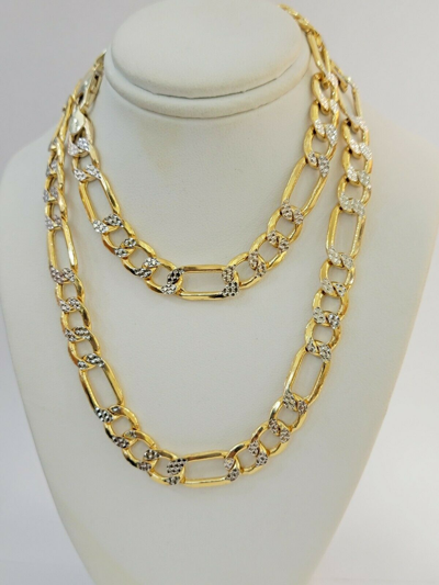 Pre-owned My Elite Jeweler Real Gold 10k Figaro Necklace Men's Chain 9mm 24" Inch Yellow Gold Diamond Cuts