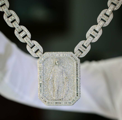Pre-owned Online0369 Men's Classic Round Baguette Cubic Zirconia Necklace Chain Link Set Silver In White