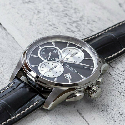 Pre-owned Hamilton H32596781 Chronograph Black Leather Automatic Men Watch
