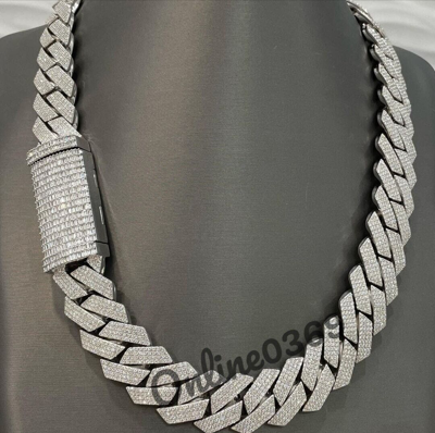 Pre-owned Online0369 Mens 20mm Thickness Cuban Chain Necklace Baguette Cubic Zirconia Silver Stud In White