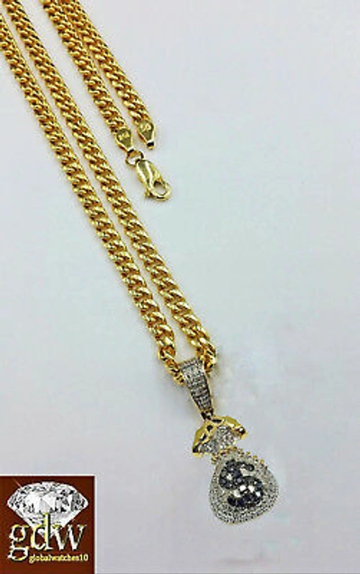 Pre-owned G&d Real 10k Yellow Gold Money Bag Charm Real Diamond 24" Miami Cuban Chain