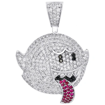Pre-owned Jfl Diamonds & Timepieces 10k White Gold Ruby & Diamond Custom Mario Ghost Boo Pendant 1.50" Charm 3.88 Ct In White;black; Red