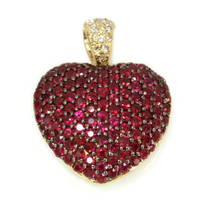 Pre-owned Jewelry By Arsa 4.5 Ctw Natural Red Ruby & Diamond Solid 14k Yellow Gold Dome Heart Pendant 30mm