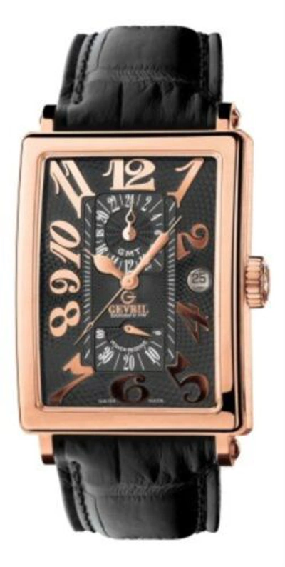 Pre-owned Gevril Men's 5121 Avenue Of Americas Automatic 18k Rose Gold Leather Wristwatch