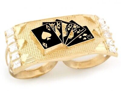 Pre-owned Jackani 10k Or 14k Gold Poker Casino Cz Two Finger Hip Hop Mens Ring In White