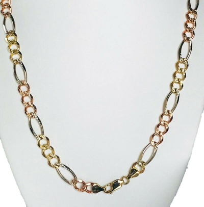 Pre-owned Gd Diamond 40.70 Gm 14k Tri Color Solid Gold Men's Women's Figaro Chain Necklace 24" 7.5mm In Multicolor