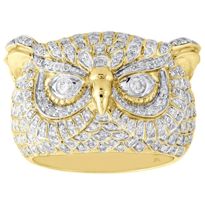 Pre-owned Jfl Diamonds & Timepieces 10k Yellow Gold Diamond Fancy Owl Face Statement Pinky Ring 17mm Band 1.29 Ct. In White