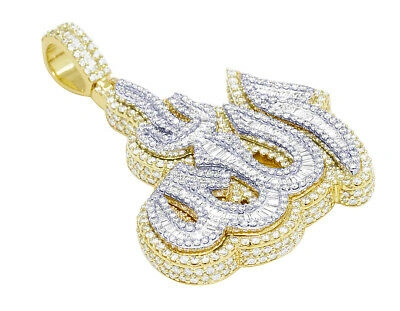 Pre-owned Jewelry Unlimited 10k Yellow-white Gold 7 1/4ct Real Diamond Baguette Arabic Allah Pendant 2.2" In G-h