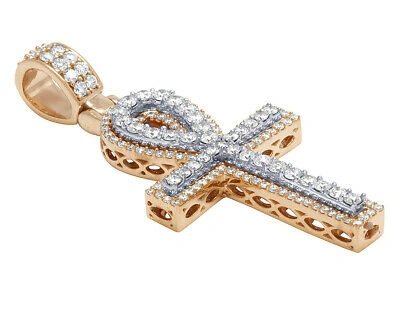 Pre-owned Jewelry Unlimited Mens 2 Ct Real Diamond Egyptian Ankh Pendant 10ktwo-tone Gold 2" In F-g