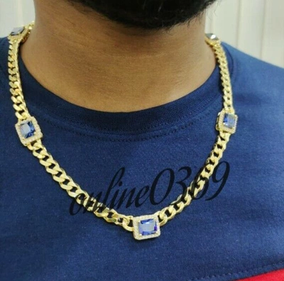 Pre-owned Online0369 6ct Emerald Tanzanite Cubic Zirconia 20" Cuban Link Classic Necklace Silver