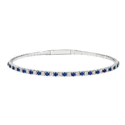 Pre-owned Morris 1.86 Carat Natural Diamond & Sapphire Flexible Bangle G-h Si 14k White Gold 7''